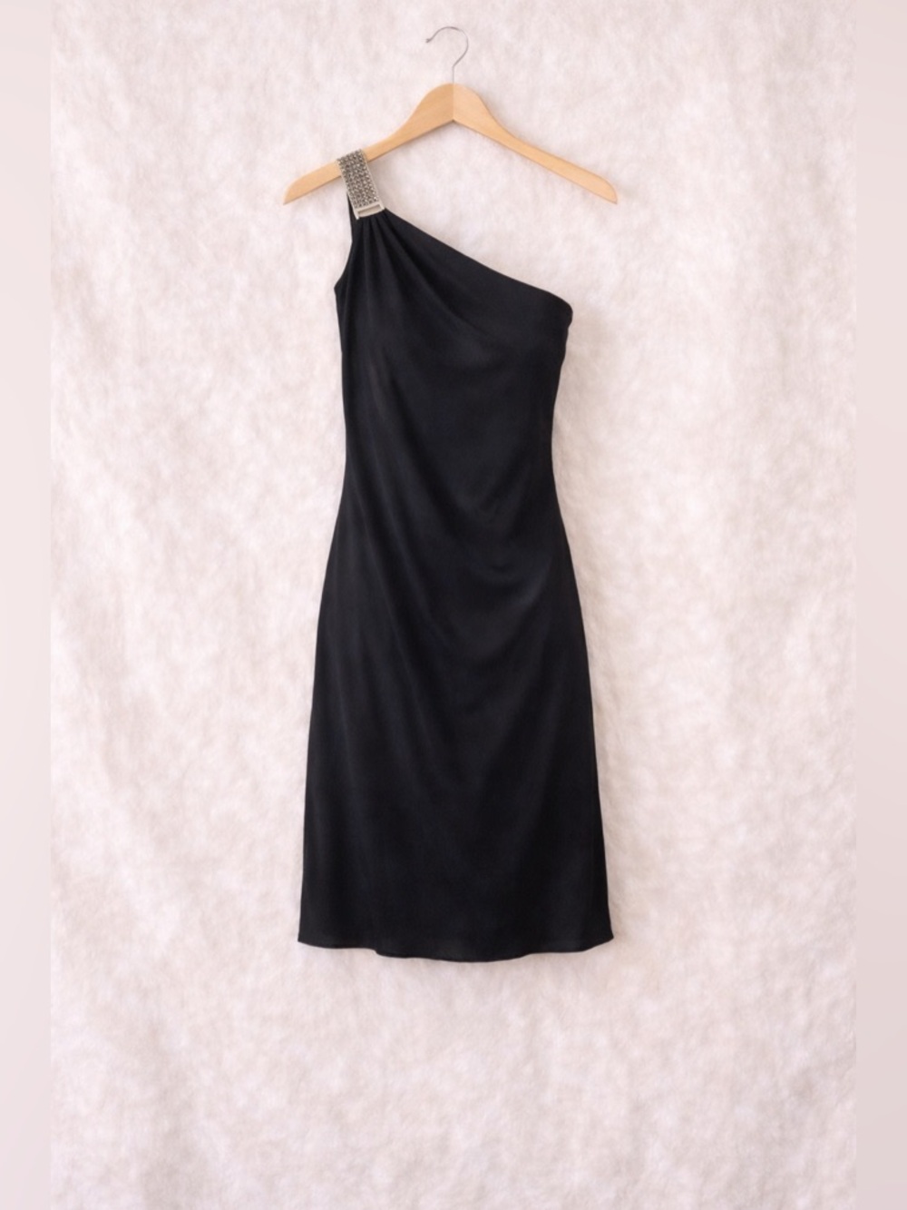 WHBM One Shoulder Black Cocktail Dress Size 4 Rhinestone Strap LBD Evening
